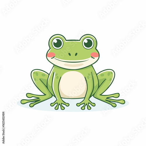 Cartoon Green Frog Sitting Comfortably with Big Eyes, Isolated on White Background