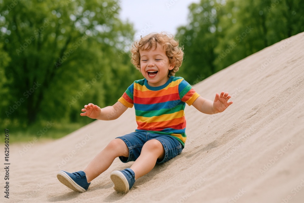 Fototapeta premium Joyful Boy Sliding Down a Sandy Slope, Embracing Outdoor Fun and Childhood Adventure in Summer