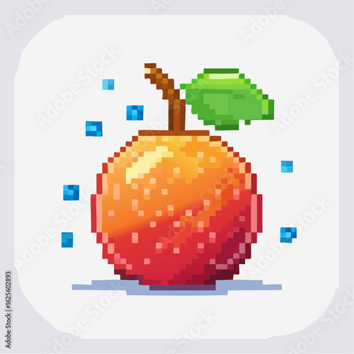Vibrant Pixel Art: A Charming Orange with Leaf and Cubes, Evoking Nostalgia and Simplicity