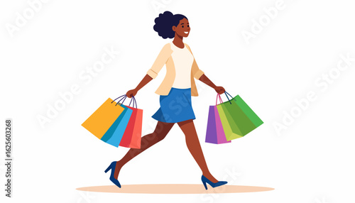 Confident Woman Shopping with Colorful Bags, Vector Illustration