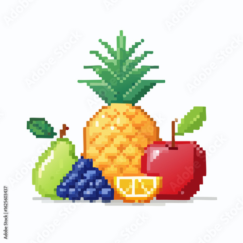 Retro pixel art style: An arrangement of pineapple, apple, pear, grapes, and lemon