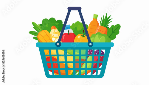 Fresh Produce in Blue Shopping Basket Illustration
