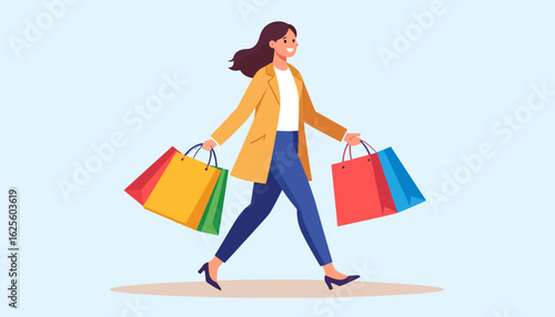 Shopping Spree: Woman Walking with Colorful Bags
