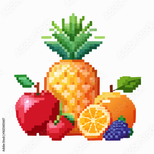 Pixelated Still Life: A Vibrant and Retro Digital Depiction of Assorted Fruits