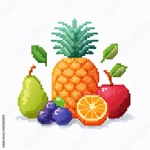 Pixelated fruits in vibrant composition displaying a playful digital aesthetic appeal