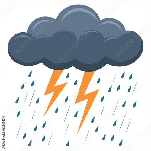 Thunderstorm weather icon with cloud, lightning, and rain, flat style isolated vector perfect for rainy day forecasts and climate awareness visuals
