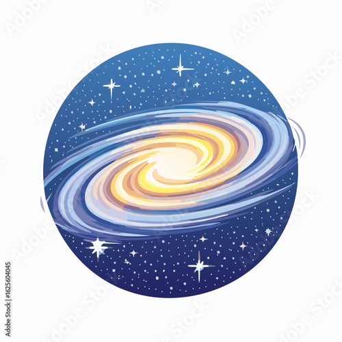 A Circular Depiction of a Spiraling Galaxy Amidst a Starry Cosmos Backdrop