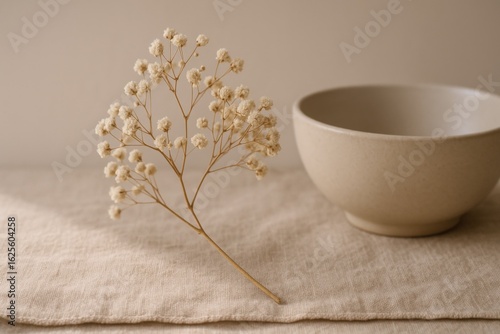 Minimalist Still Life with Dried Flowers and Ceramic Bowl on Linen Fabric, Soft Natural Light