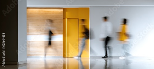 Blurred figures moving through a modern hallway with warm and cool color palettes