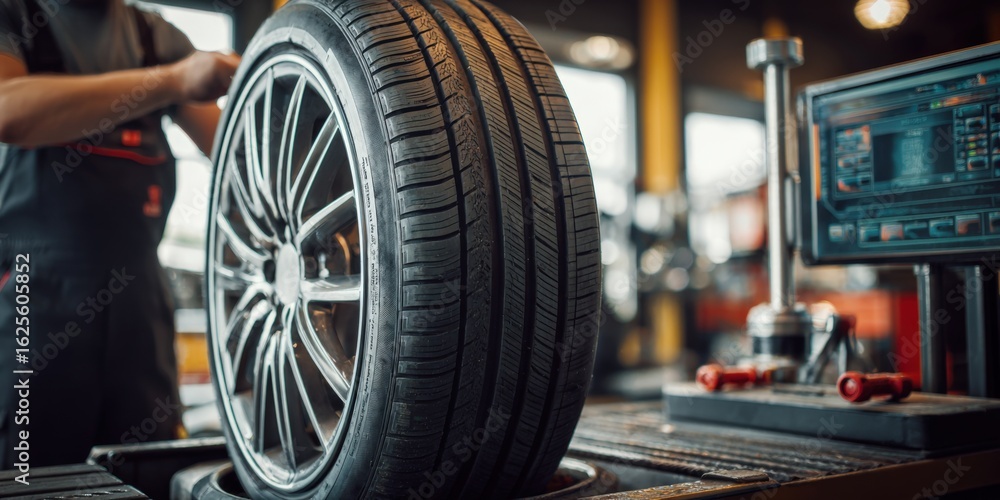 Fototapeta premium Close-up of tire balancing at a car service repair shop, maintenance and safety service