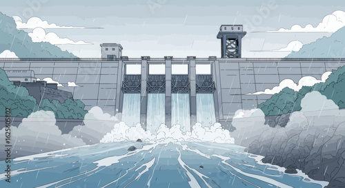 A dam with water flowing through its gates under a cloudy rainy sky