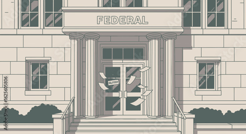 A federal building with a CLOSED sign on the door and papers flying around