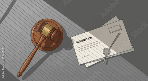 A gavel sits next to a resignation letter on a gray wooden surface