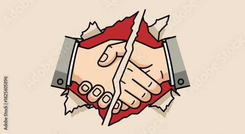 A handshake is torn apart framed by torn red paper and business suit cuffs