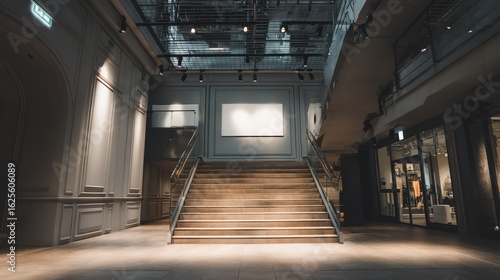 A modern  spacious lobby featuring elegant stairs and contemporary design elements in an urban shopping center.