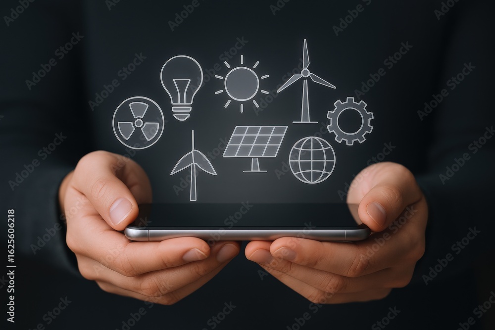 Obraz premium Hands Holding Smartphone Displaying Renewable Energy Icons: Clean Technology and Sustainable Solutions