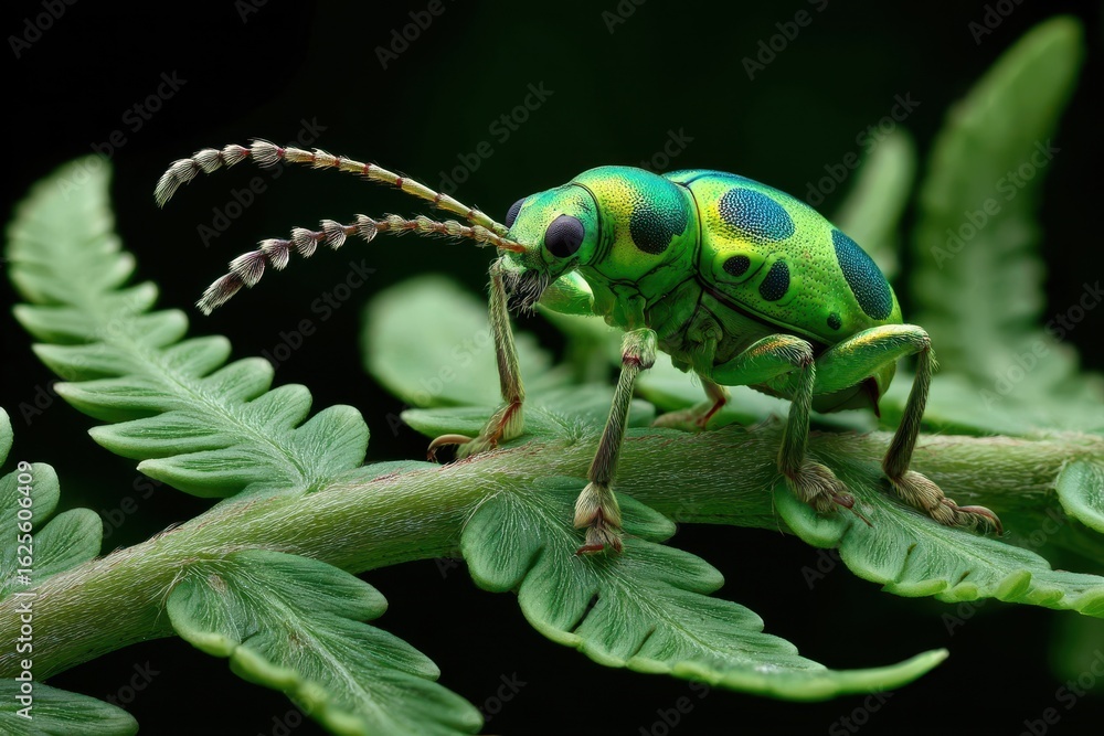 Naklejka premium Stunning Green Beetle on a Fern Leaf