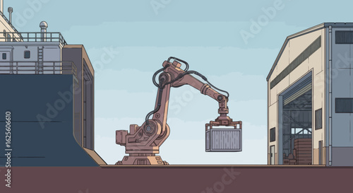 A robotic arm lifts a shipping container at a dockside with a ship and warehouse in view