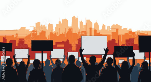 A silhouette crowd protests in front of a cityscape holding blank signs