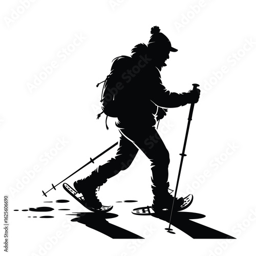 Silhouette of a person snowshoeing with trekking poles isolated on white background