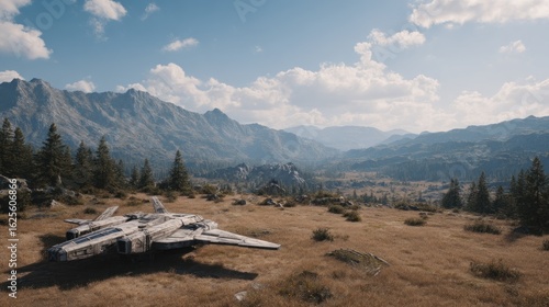 Sci-fi scene of a spaceship landed in a mountainous landscape on a sunny day