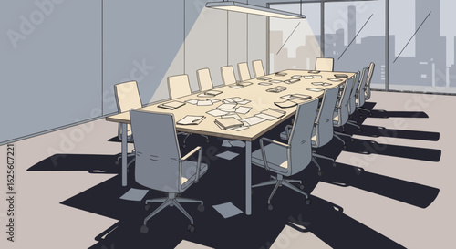 Conference room with papers scattered on a table surrounded by chairs and lit by a long overhead light