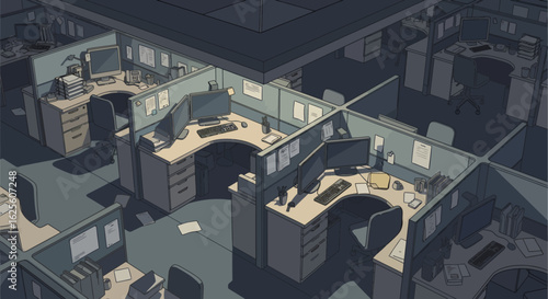 Cubicle farm openplan office with multiple workstations separated by gray partitions each with a desk monitor  office supplies