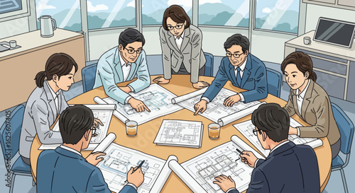 Eight individuals convene around a round table reviewing blueprints in a modern office setting