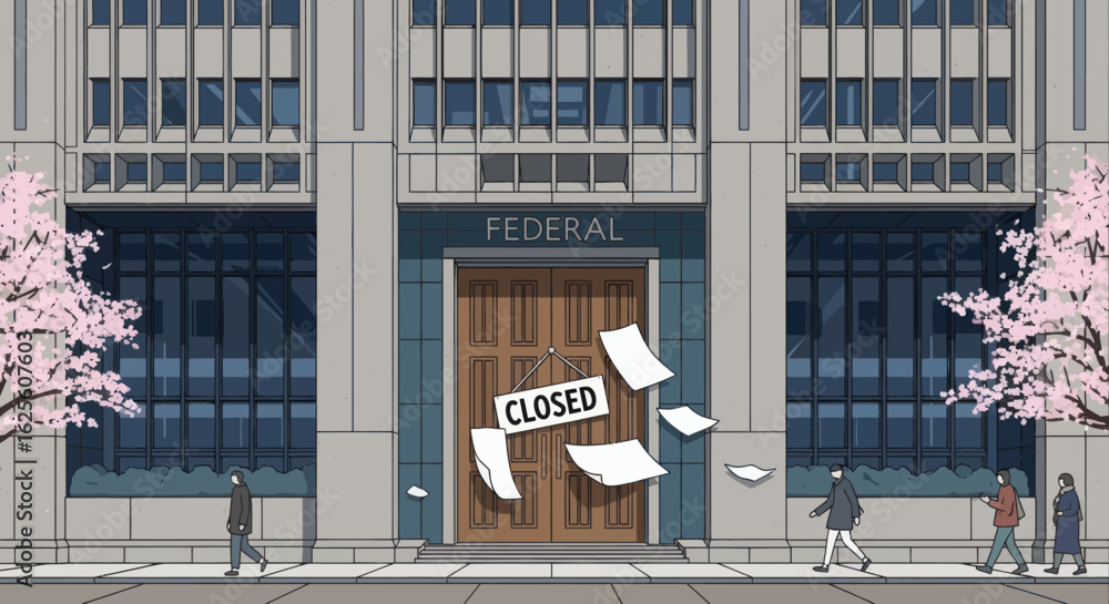 Naklejka premium Federal building with CLOSED sign hanging on doors paper floats near entrance with people walking