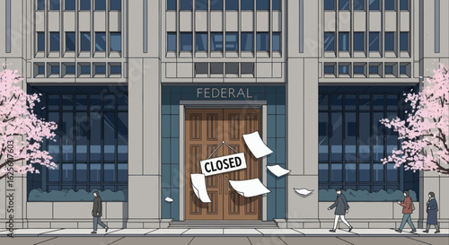 Federal building with CLOSED sign hanging on doors paper floats near entrance with people walking