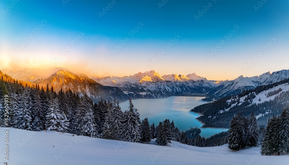 Fototapeta premium sunrise casts golden rays over misty green fields in serene rural landscape