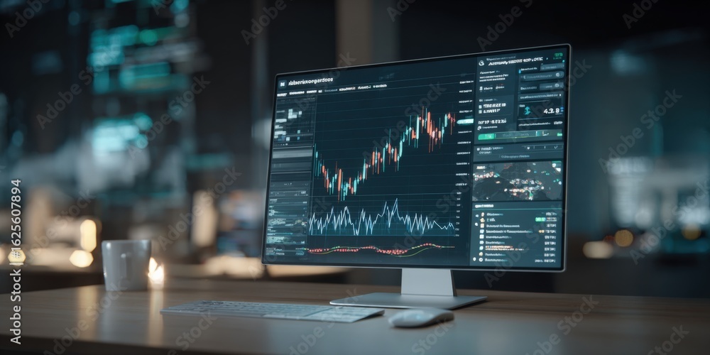 Stock Market Analysis on a Computer Screen Displaying Financial Data in a Modern Office Stock Market Analysis on a Computer Screen Displaying Financial Data in a Modern Office