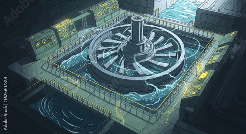 Hydroelectric power plant interior with a large turbine submerged in water Control panels line the side