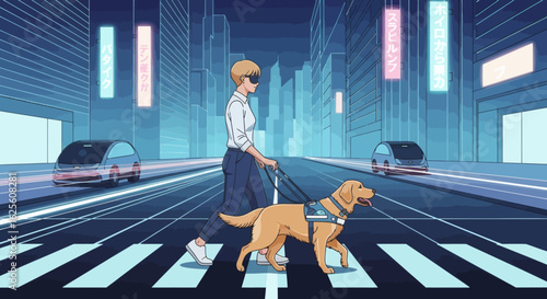 Pixel art of a blind woman with a guide dog crossing a street with selfdriving cars in a futuristic city