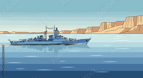 Pixel art warship sailing past a desert coast under a hazy sky