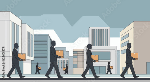 Silhouetted figures carry boxes in an urban setting evoking investigtion