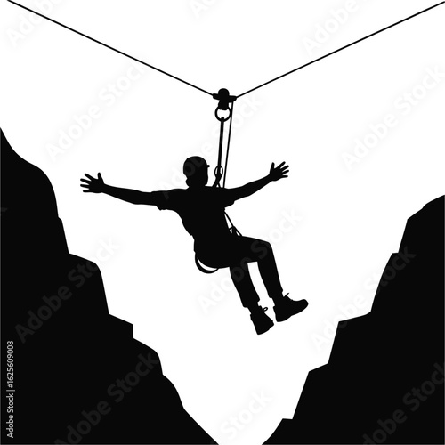 Silhouette of a person ziplining between mountains isolated on white background silhouette