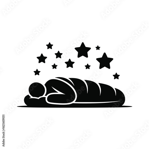 Person sleeping in a sleeping bag under stars silhouette isolated on white background