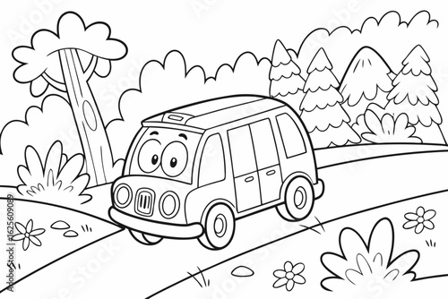 Vector Cartoon funny Airport Shuttle, funny image in the forest, Coloring book page for children. Line Art isolated on white background