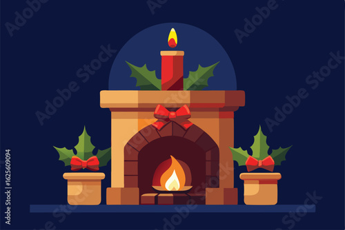 rustic stone fireplace decorated with holly  red .eps