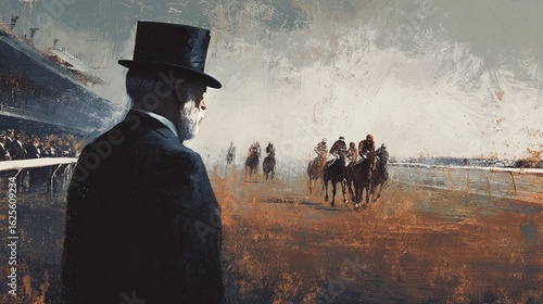 Elegant Gentleman Observing Horse Race Scene