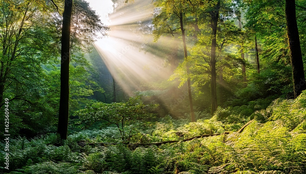 Naklejka premium sunlight breaks through the dense greenery generative ai