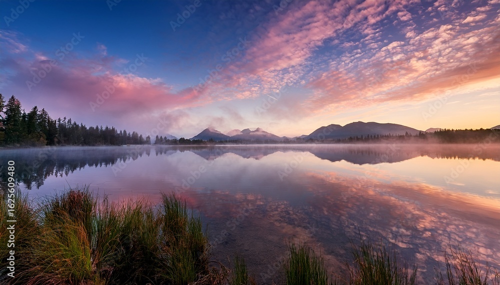 Fototapeta premium a serene landscape featuring a misty lake reflecting a pastel sky with distant mountains at the horizon