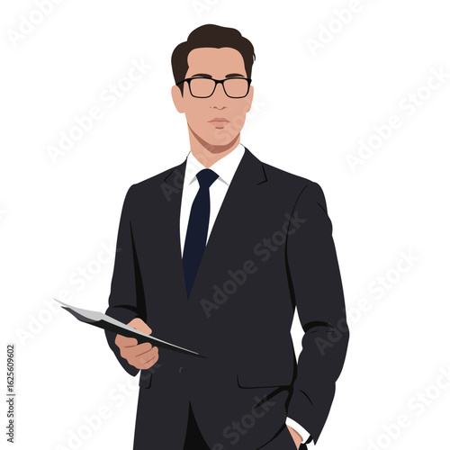 A man in a suit and glasses holds a clipboard, looking to the side with a serious expression.