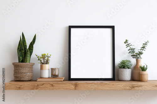 A black square frame set in a stylish interior arrangement with a small plant pot and home accessories. Ideal for mockups, interior design, and decor inspiration.

