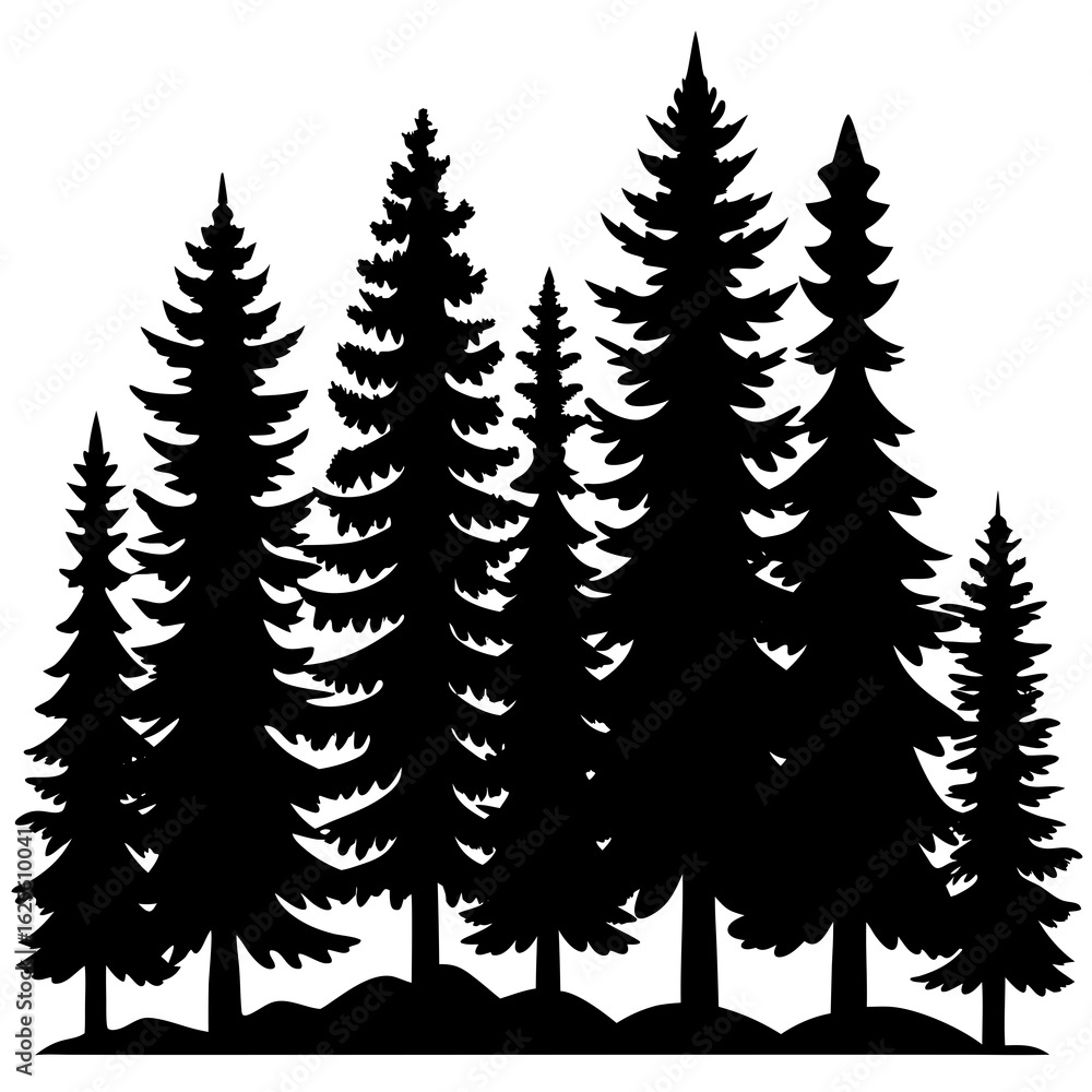 Obraz premium A dense forest of pine trees in a striking black silhouette against a transparent background isolated on transparent background