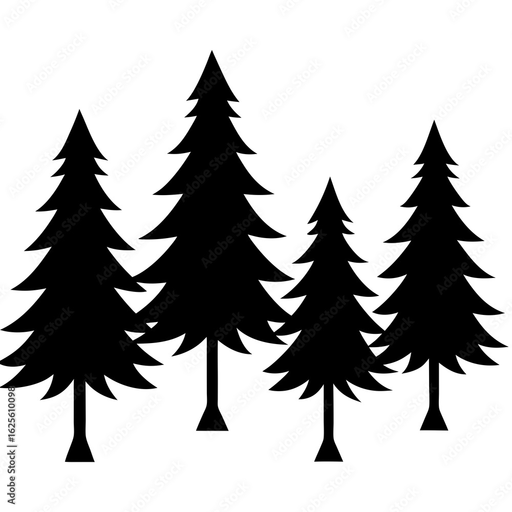 Obraz premium A group of stylized evergreen trees in a black silhouette against a transparent background isolated on transparent background