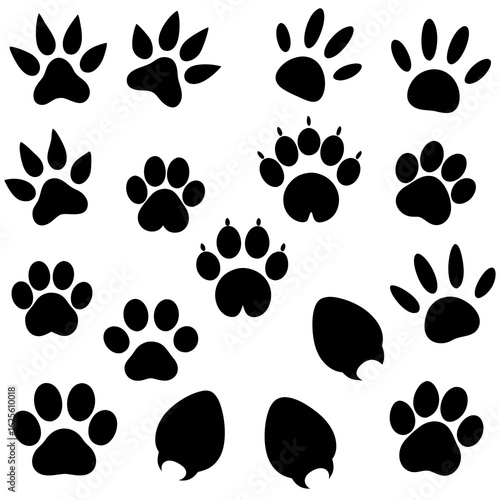 Collection of black animal paw prints and footprints silhouette isolated on transparent background