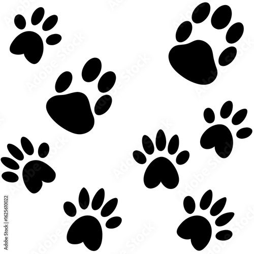 Collection of black animal paw prints in silhouette isolated on transparent background