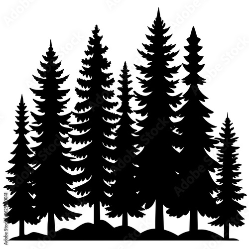 A dense forest of pine trees in a striking black silhouette against a transparent background isolated on transparent background